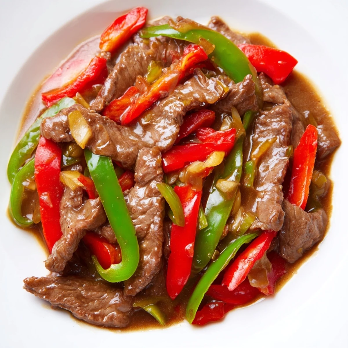 Sizzling hot Spicy Stir Fry Beef in a wok, featuring bold red peppers and onions coated in a glossy, spicy savory sauce for weeknight dinners.