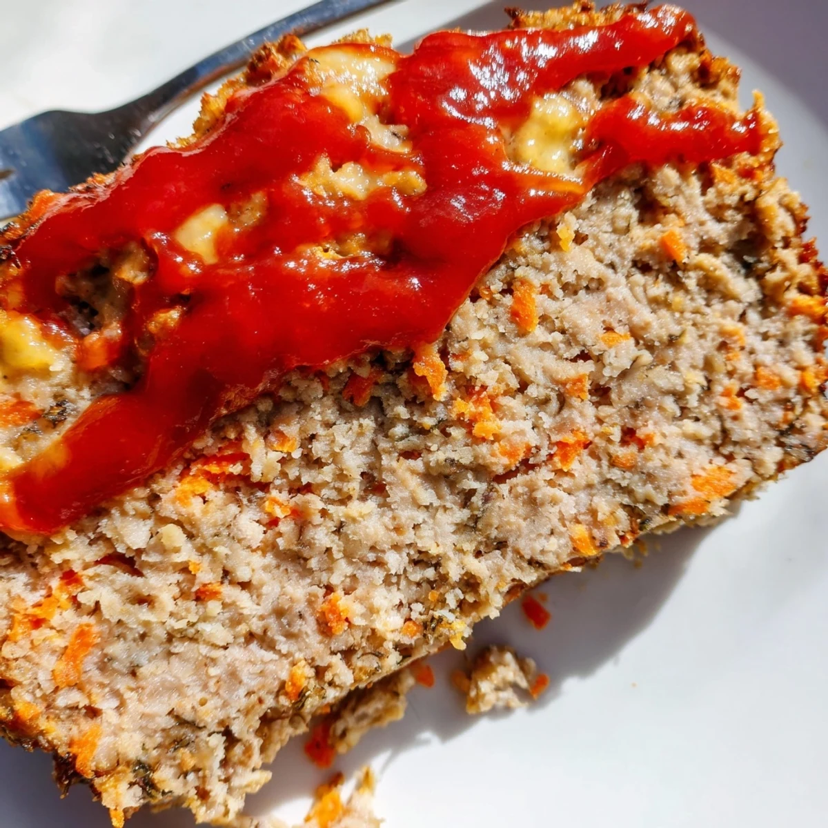 Freshly baked turkey loaf cooling on a wire rack with a golden ketchup glaze on top.