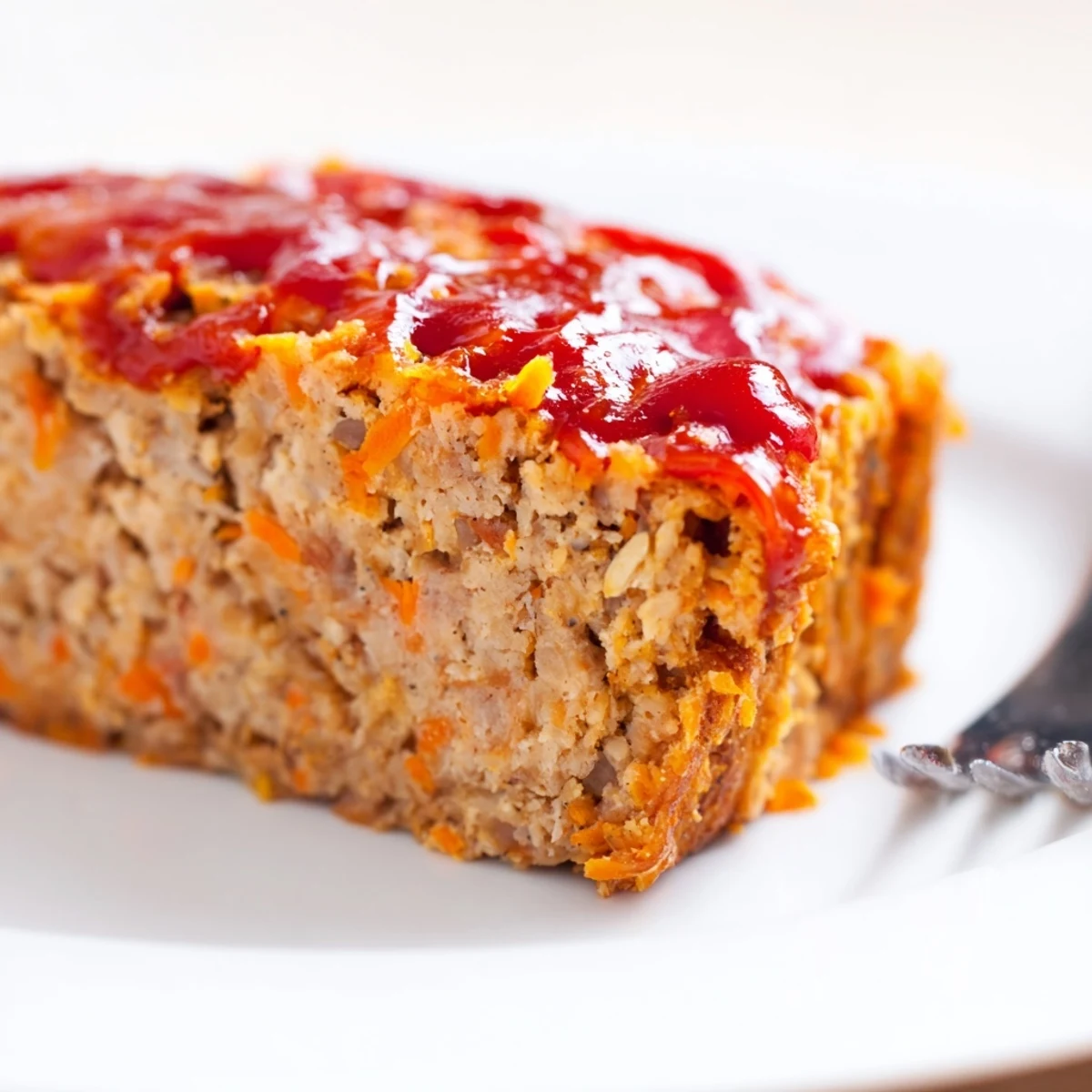A slice of turkey loaf on a white plate with fresh parsley garnish, showing a moist interior.