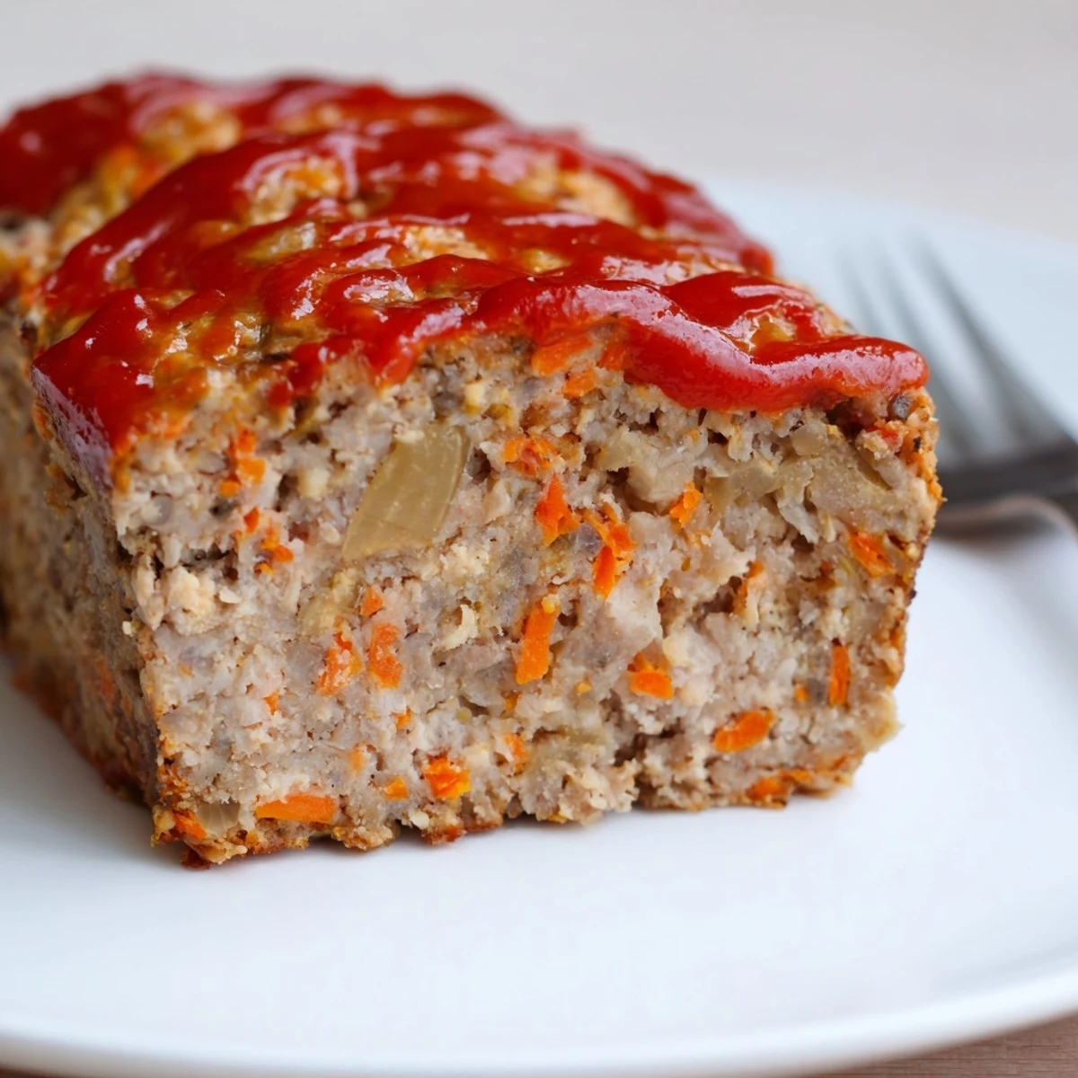 A thick slice of homemade turkey loaf served with mashed potatoes and green beans on a plate.