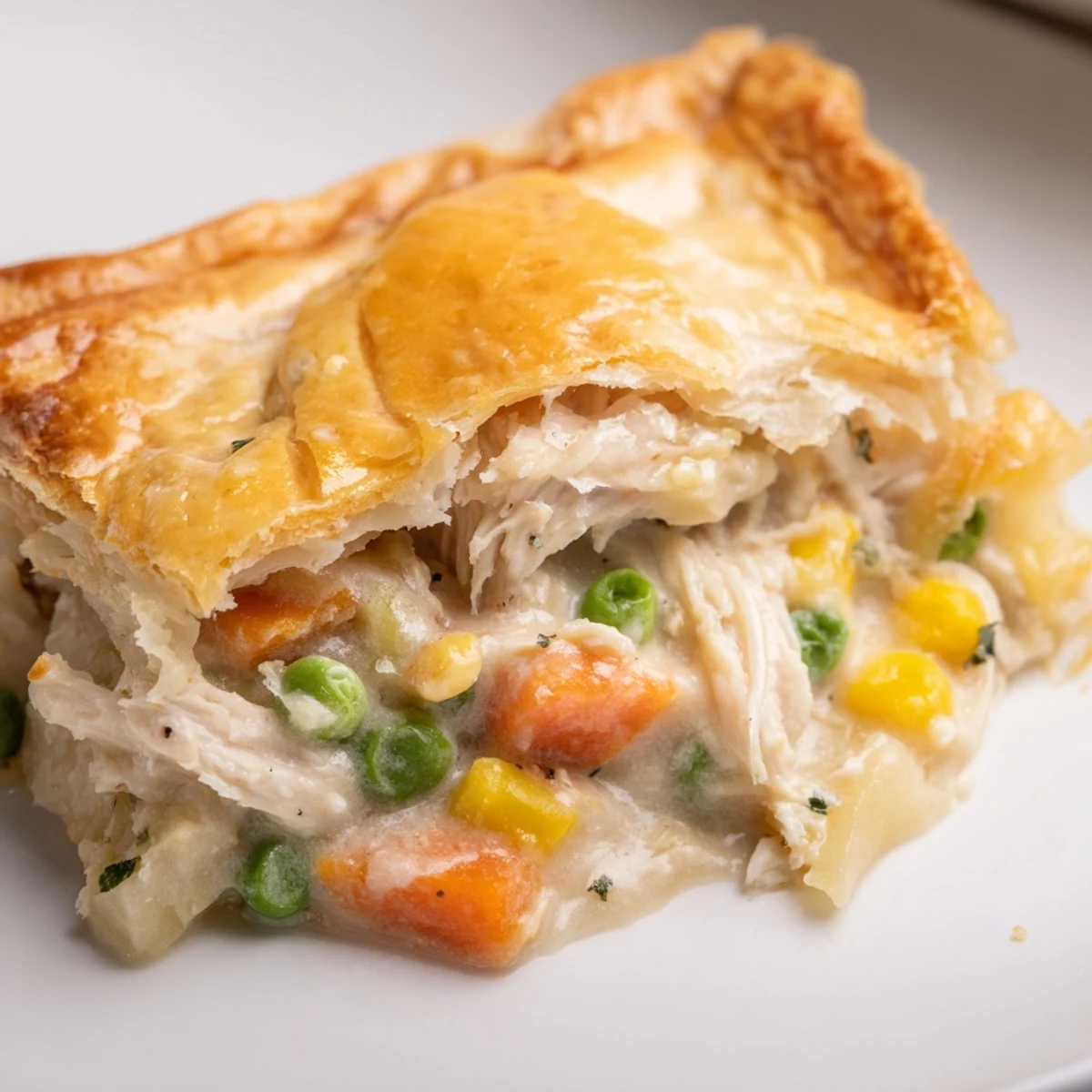 Fresh thyme garnish sits on the crust of a hot Chicken Pie Casserole, ready to serve.