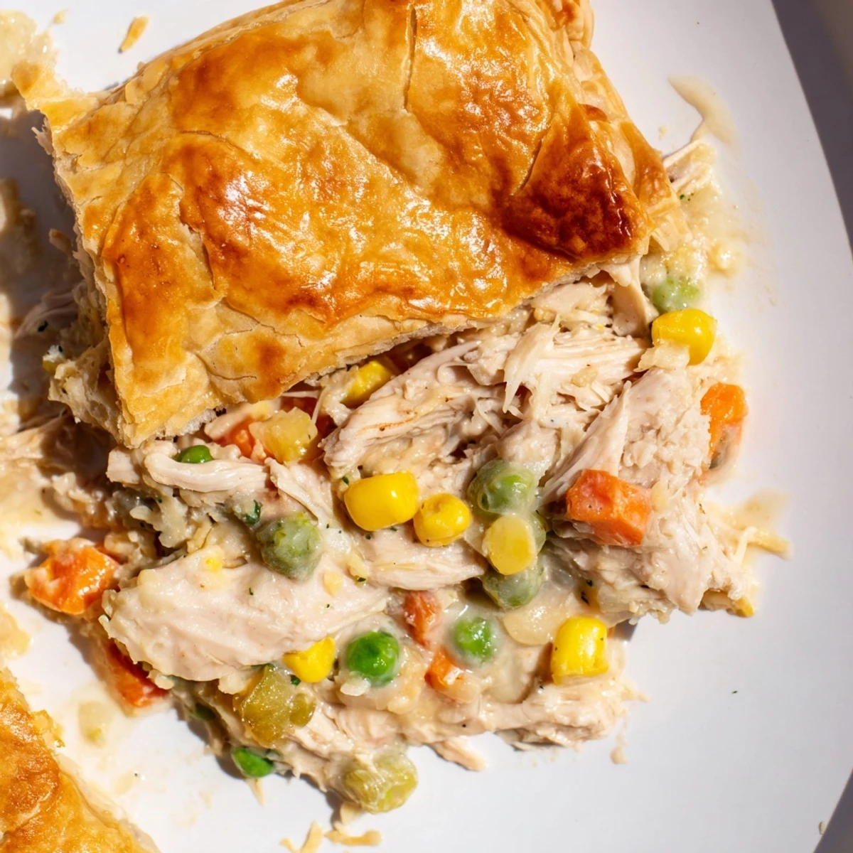 A serving spoon lifts a creamy slice of Chicken Pie Casserole, revealing tender chicken and vegetables.