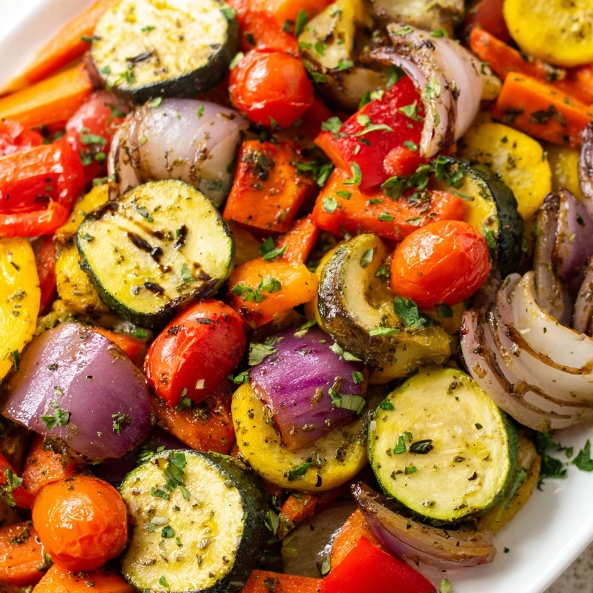 Colorful roasted vegetable mix with caramelized edges on a baking sheet, garnished with fresh parsley and a drizzle of balsamic vinegar.