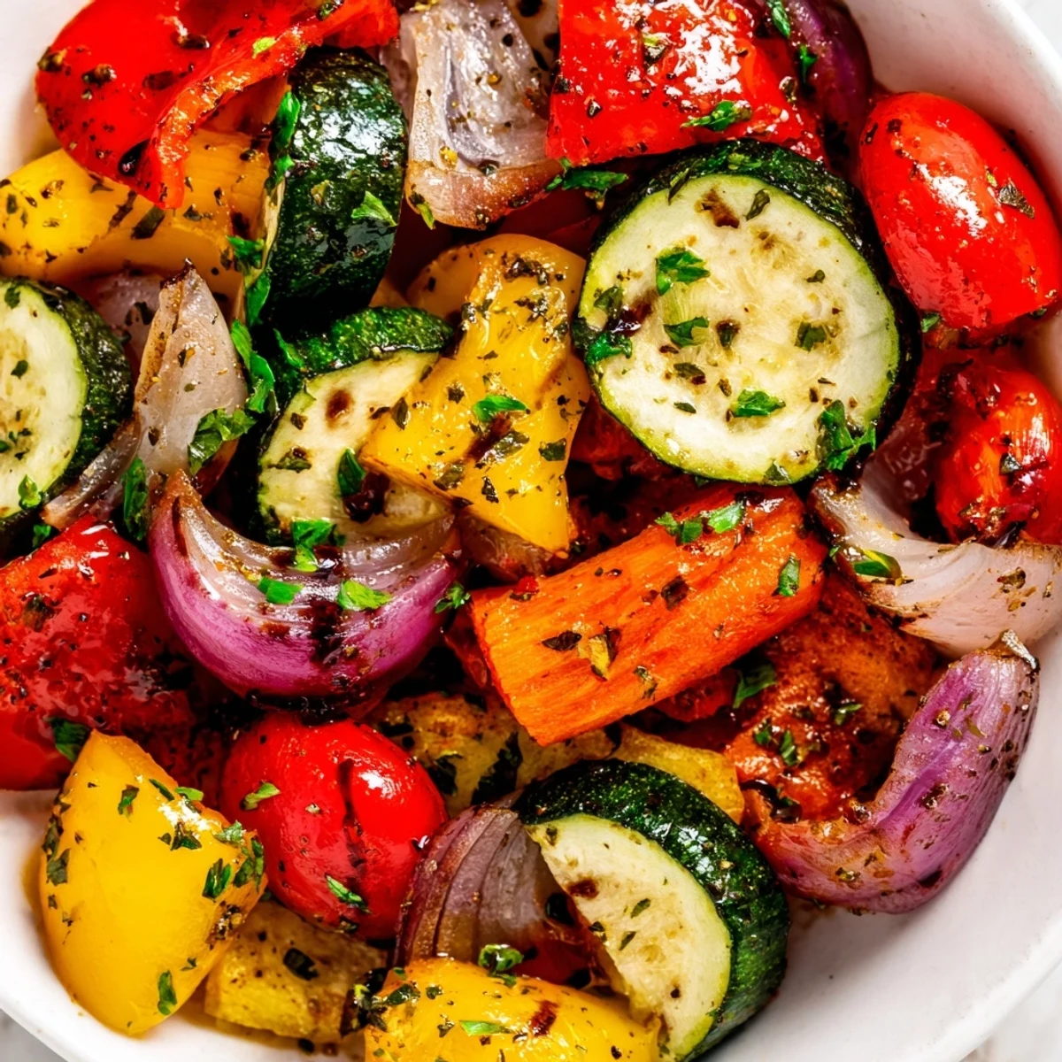 A close-up of Mediterranean roasted vegetable mix bubbling with herbs, garlic, and olive oil, served warm over a bed of fluffy quinoa.