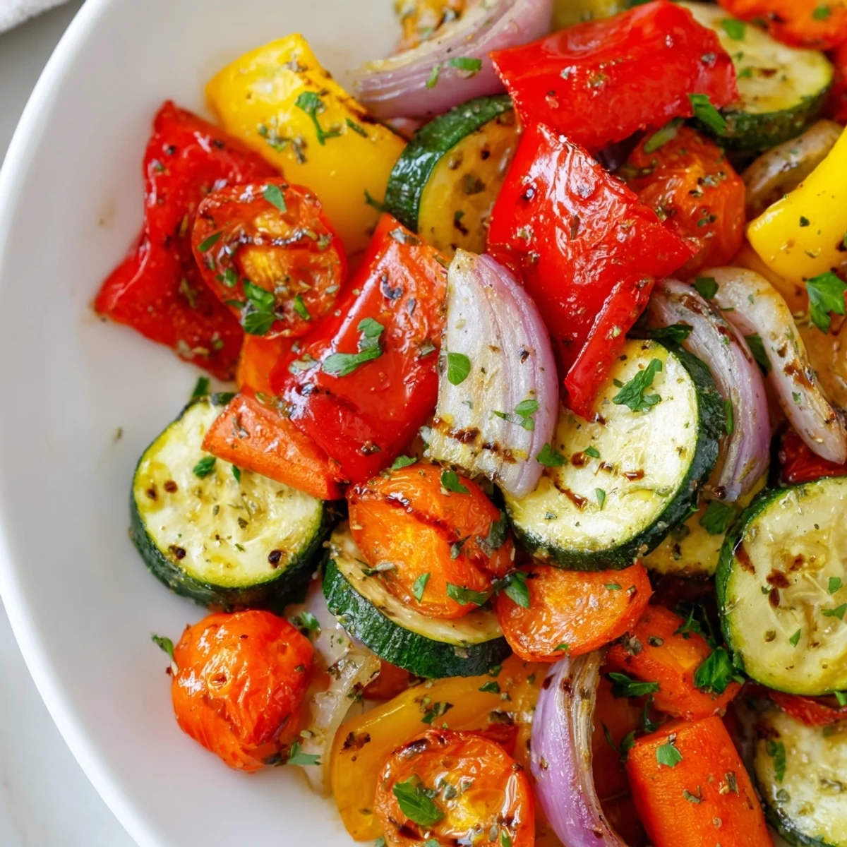 Vibrant roasted vegetable mix straight from the oven, featuring tender zucchini, red peppers, and onions on a rustic wooden table.