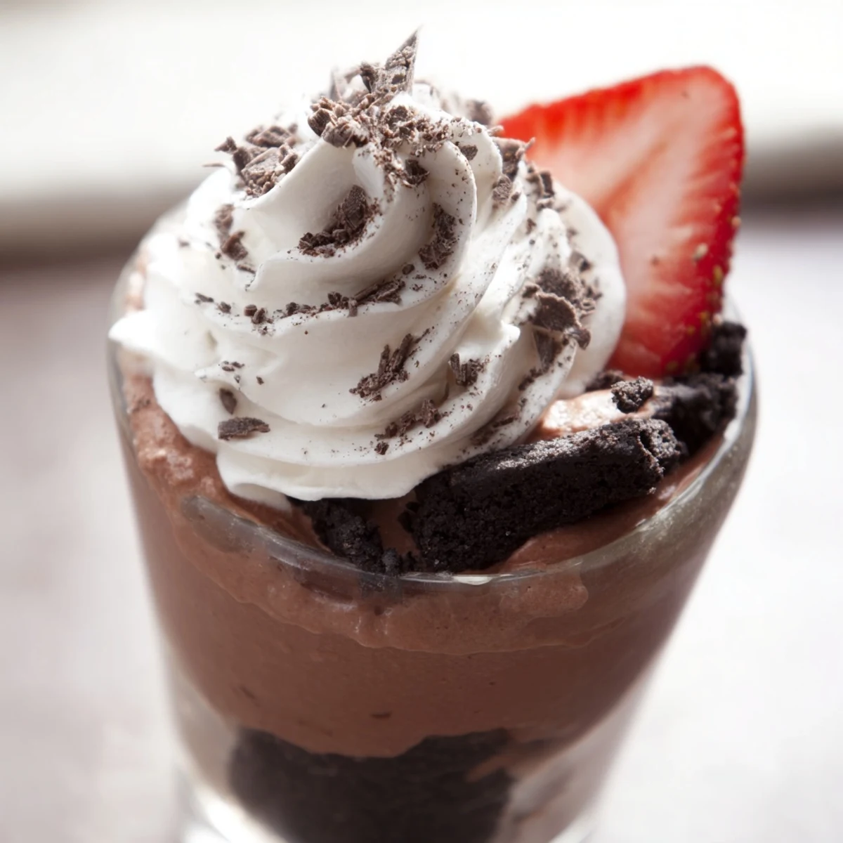 Layered Chocolate Dessert Cup topped with chocolate shavings and whipped cream, served elegantly on a dessert plate.