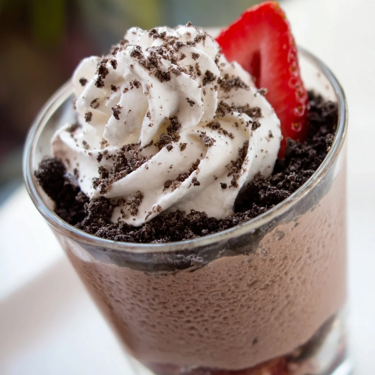 Decadent single-serve Chocolate Dessert Cup featuring creamy mousse, perfect finish to any meal.