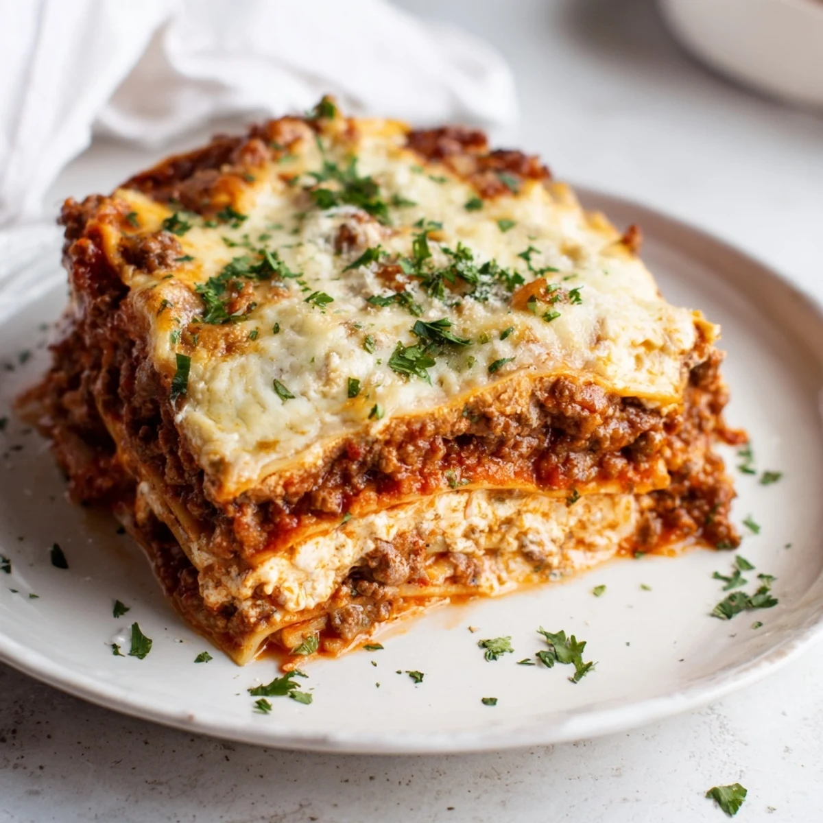 Freshly baked Classic Beef Lasagna with golden, bubbly mozzarella cheese on top, served in a white dish.