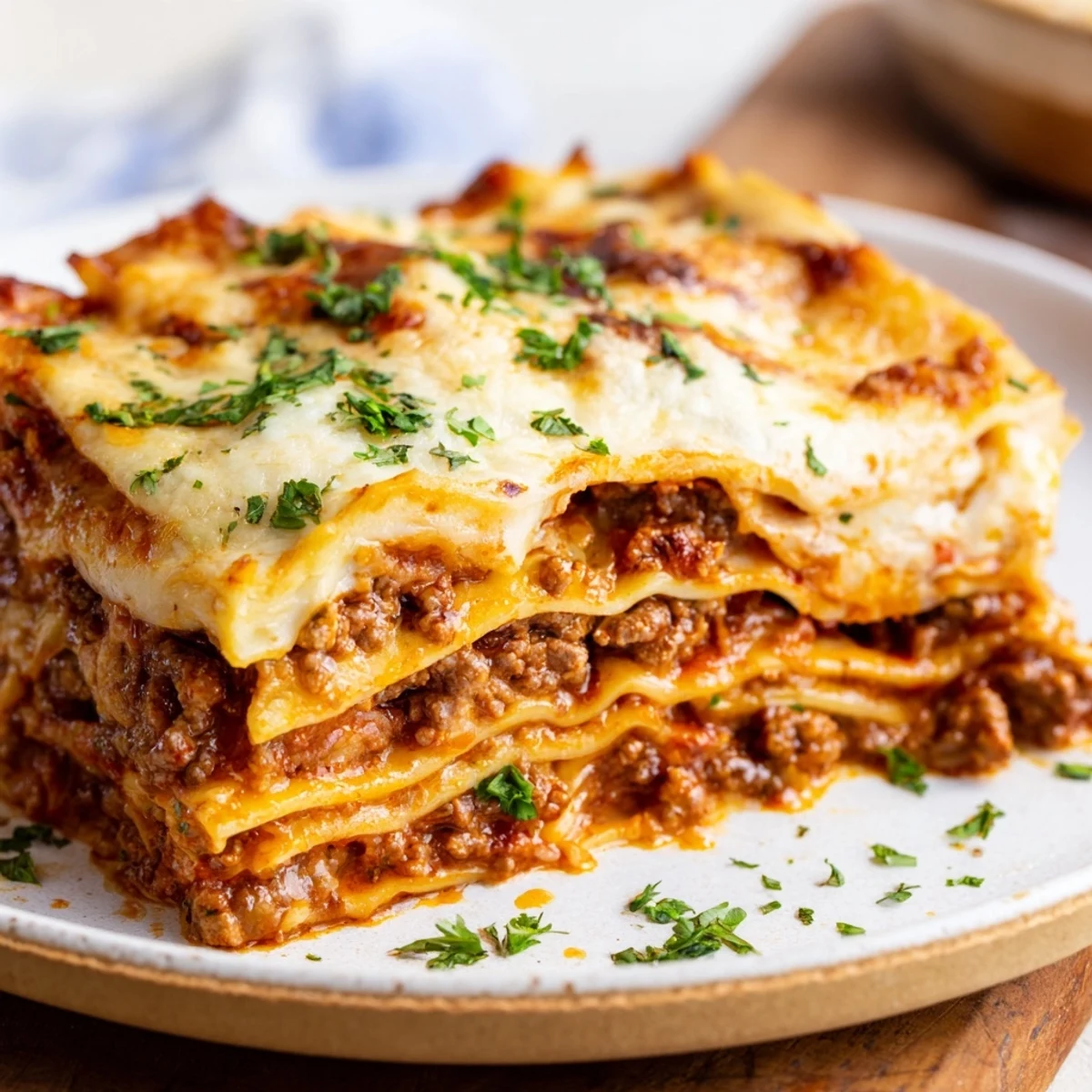 Layers of Classic Beef Lasagna with rich beef ragù and creamy béchamel, cut to show steam rising.
