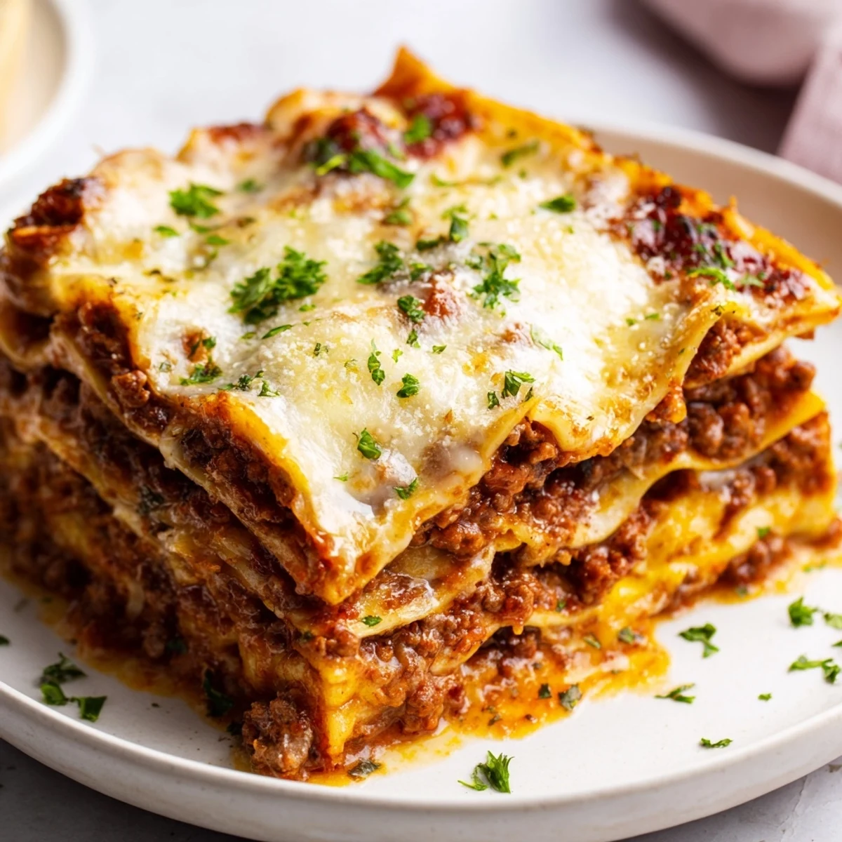 Rustic Classic Beef Lasagna with a side salad, garnished with fresh parsley on a wooden table.