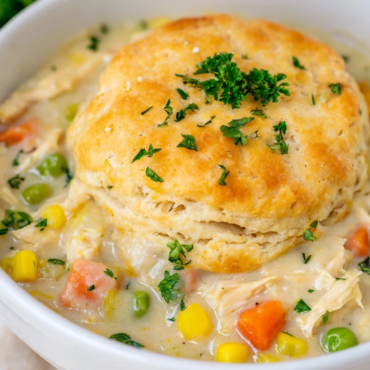 Cozy Chicken Pot Pie Soup filled with tender vegetables and shredded chicken, topped with fluffy biscuit crust for a comforting dinner.
