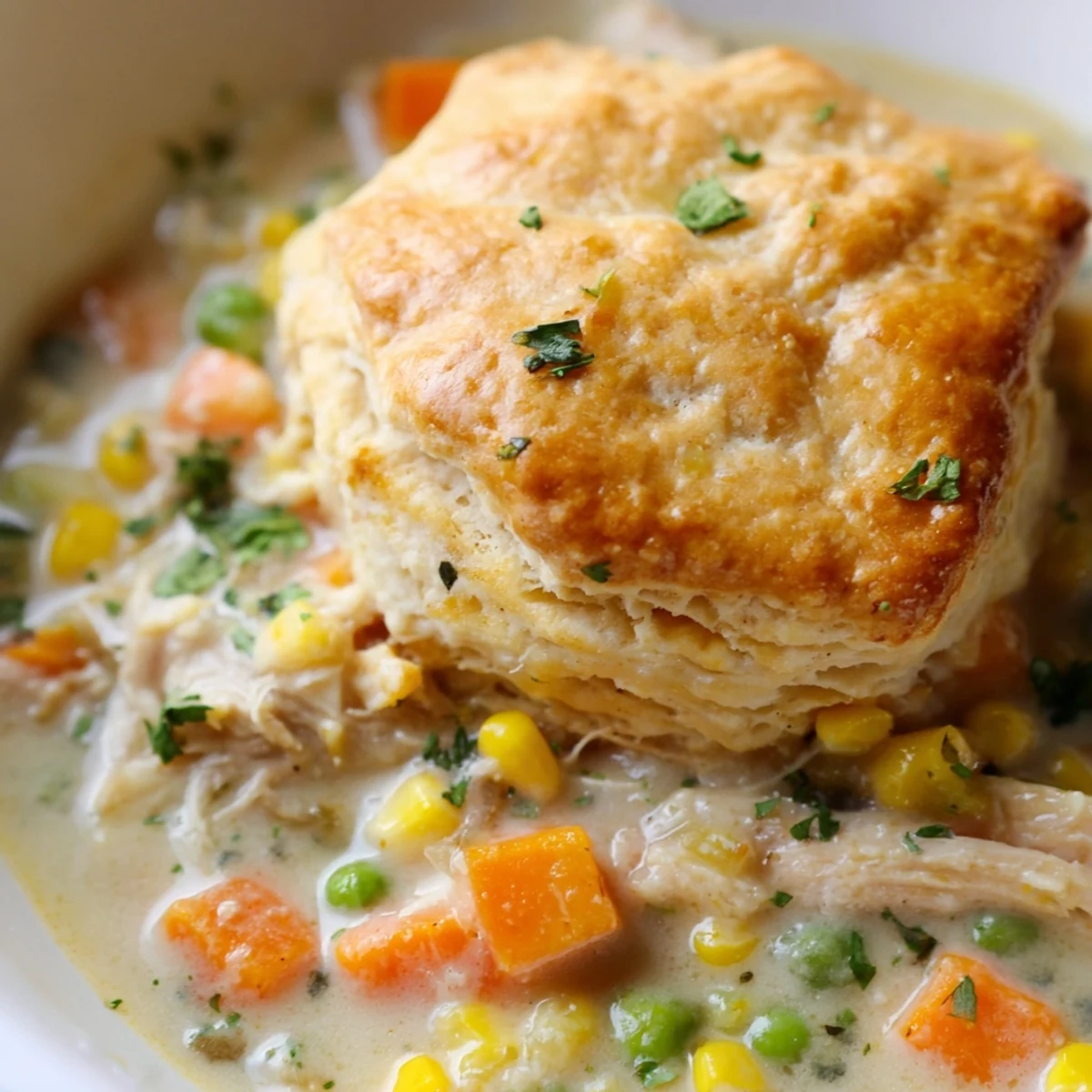 Golden-brown biscuits rise from a creamy Chicken Pot Pie Soup with chicken, peas, and corn in a rustic Dutch oven.