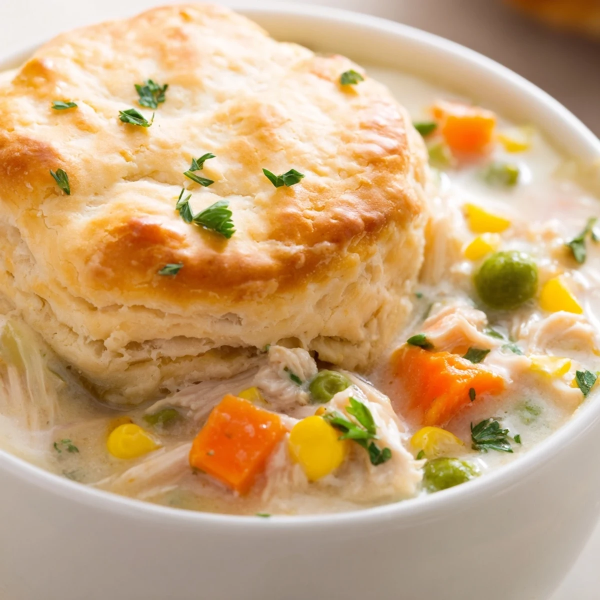 Freshly baked Chicken Pot Pie Soup in a white bowl, served steaming hot with a side salad for a complete family meal.
