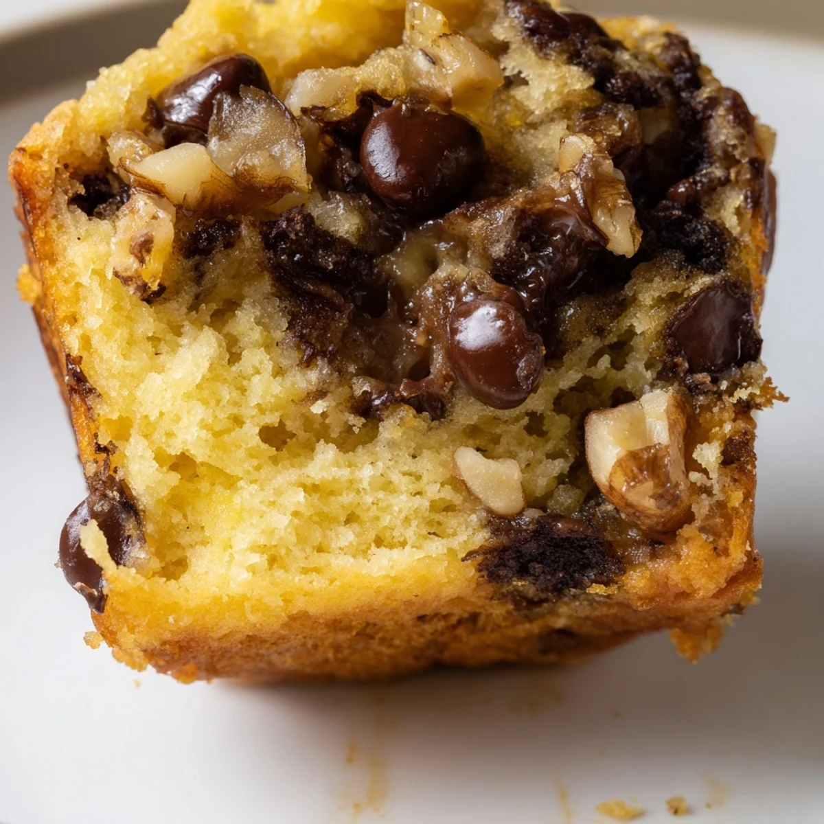 Golden-brown Chocolate Chip Banana Bread Muffins cool on a wire rack, showcasing their moist, fluffy crumb and melted chocolate chips.