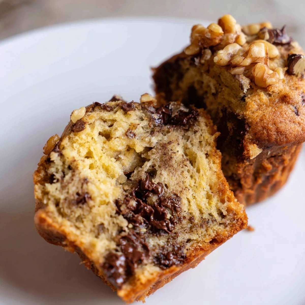 Freshly baked Chocolate Chip Banana Bread Muffins sit in a muffin tin, their sugary tops glistening and walnuts sprinkled on top.