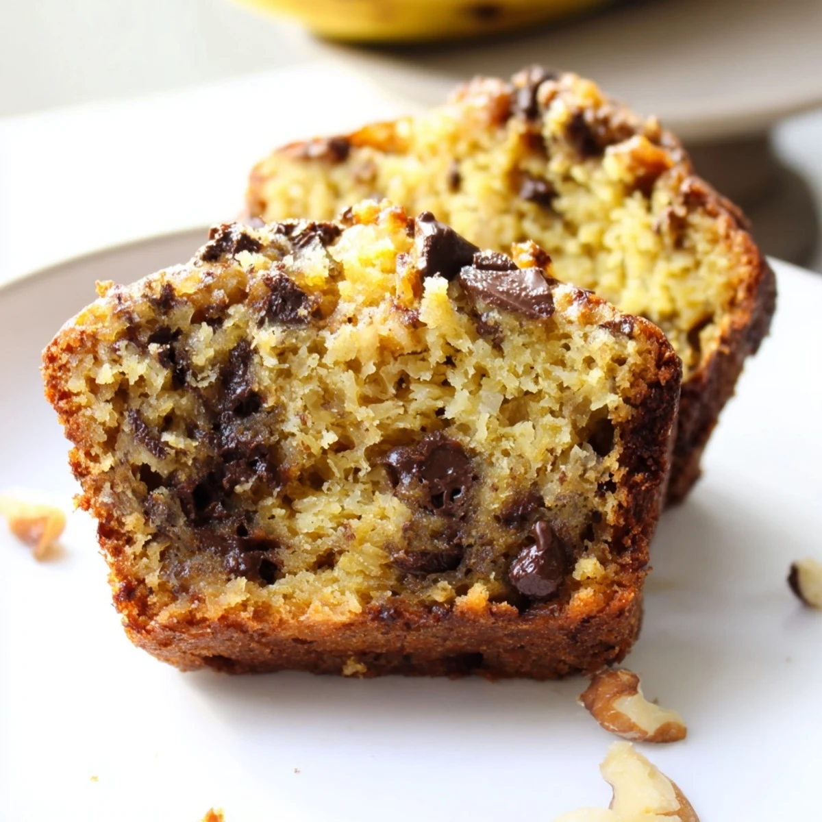 A plate of warm Chocolate Chip Banana Bread Muffins is ready to serve, paired perfectly with a cold glass of milk.