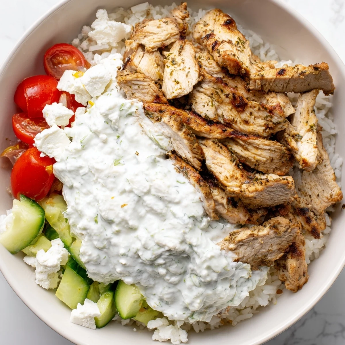 Greek Chicken Gyro Bowls with Tzatziki feature grilled marinated chicken, fresh vegetables, and fluffy rice topped with creamy sauce.