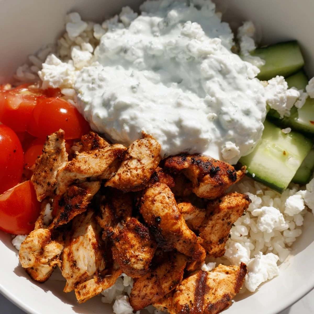 Freshly prepared Greek Chicken Gyro Bowls with Tzatziki showcase tender chicken slices alongside a dollop of cool, homemade sauce.