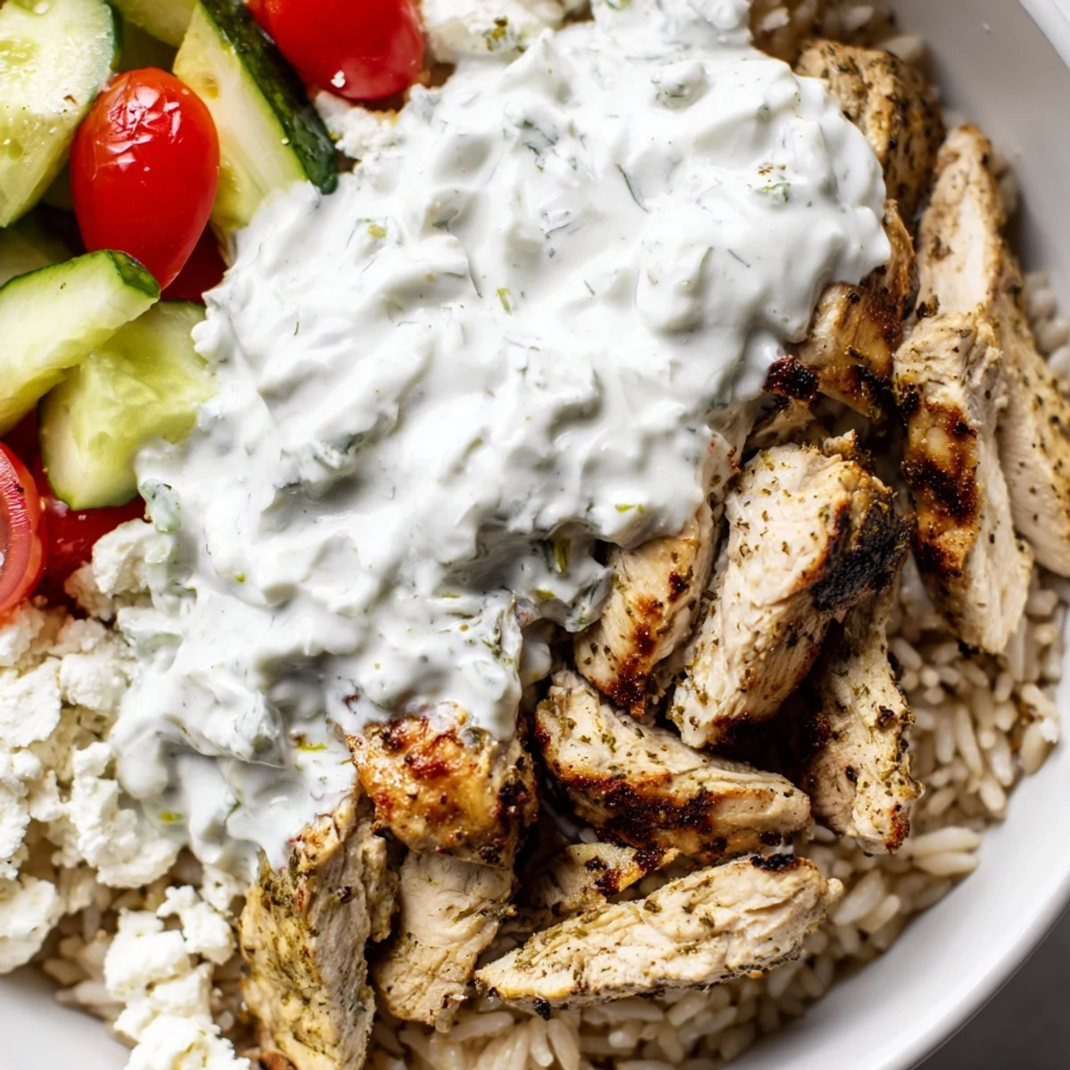 A vibrant serving of Greek Chicken Gyro Bowls with Tzatziki includes tomatoes, cucumbers, olives, and feta cheese.