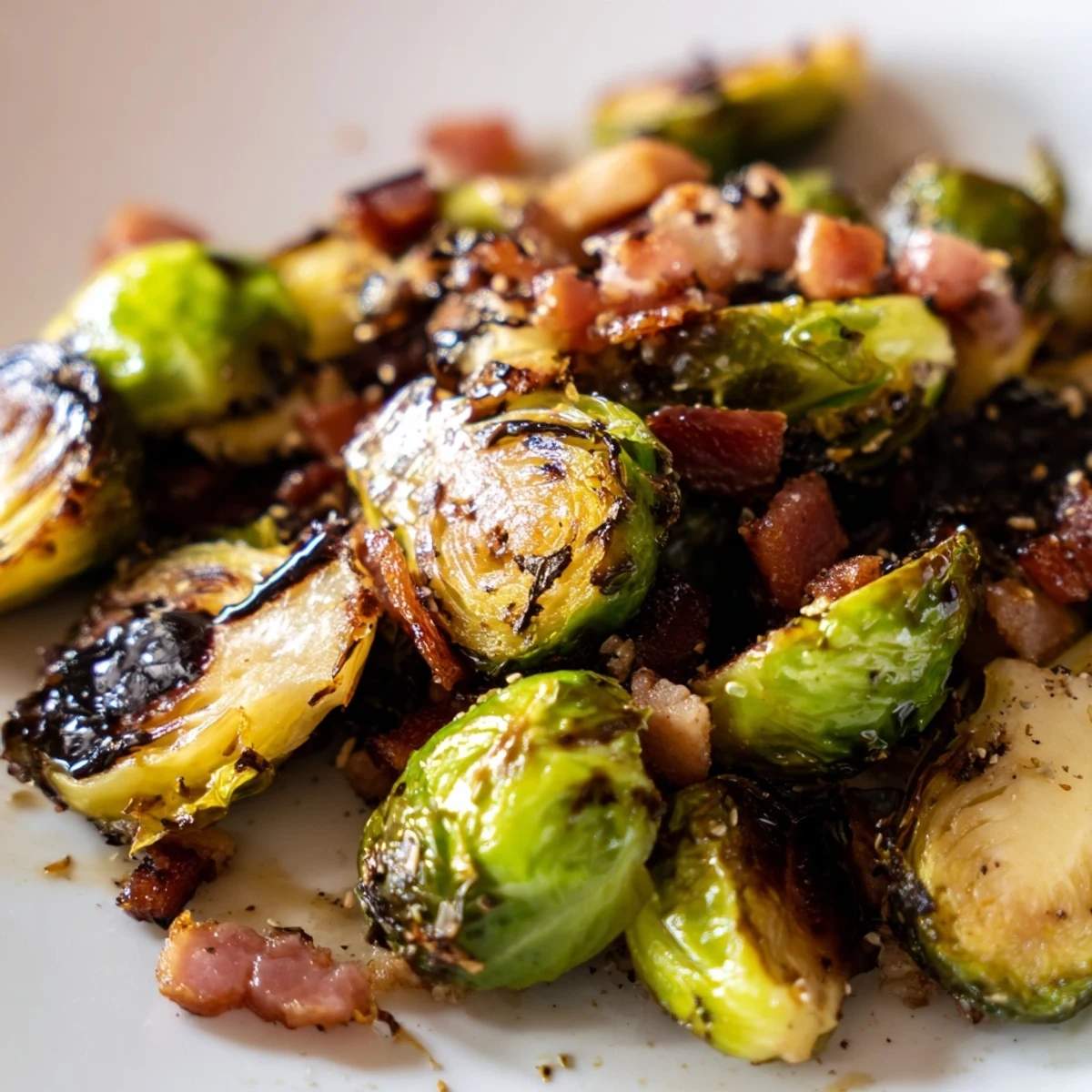 Golden brown Roasted Brussels Sprouts with Turkey Bacon on a rustic wooden board, garnished with fresh parsley.