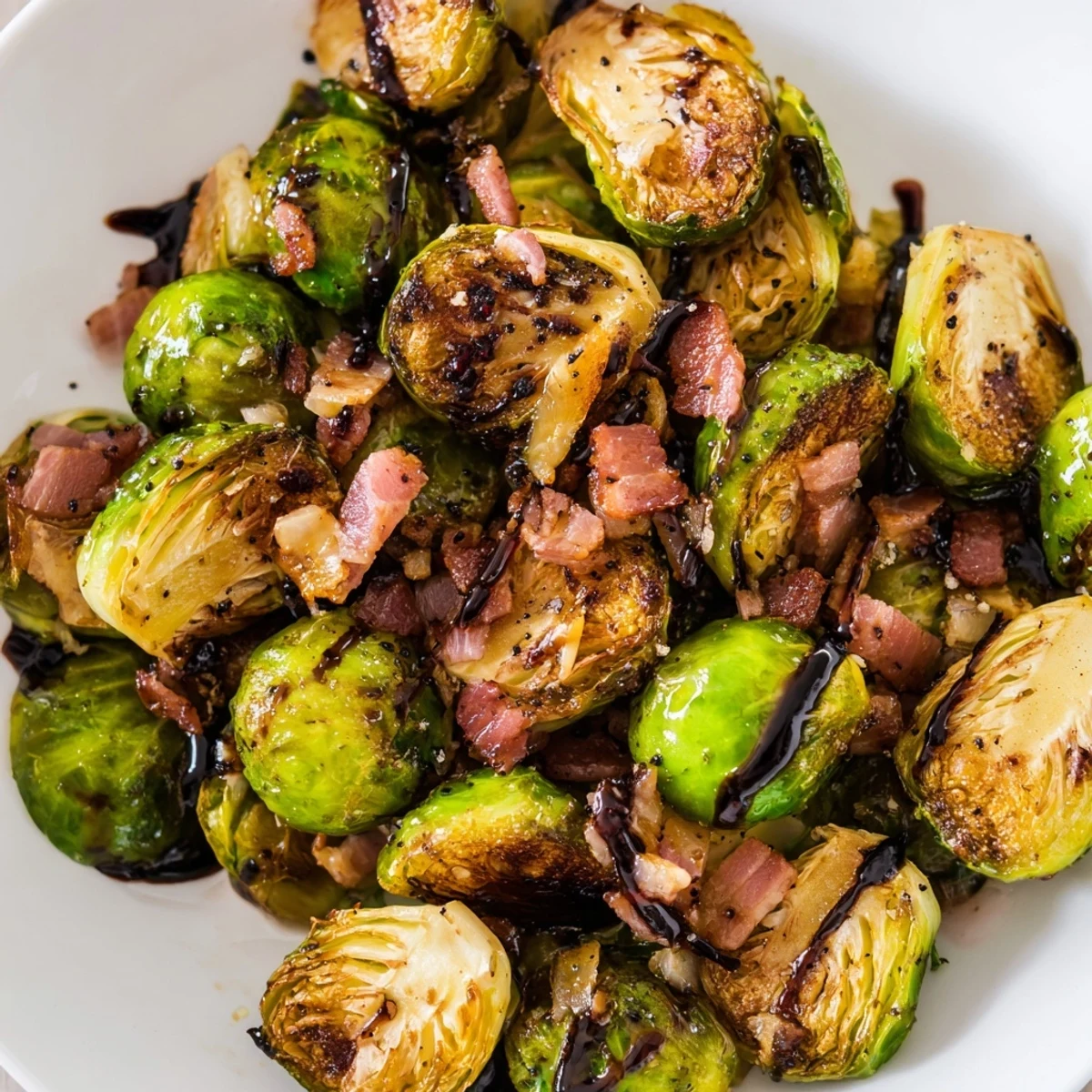 A close-up of crispy Roasted Brussels Sprouts with Turkey Bacon, drizzled with balsamic glaze, served alongside a slice of roast chicken.