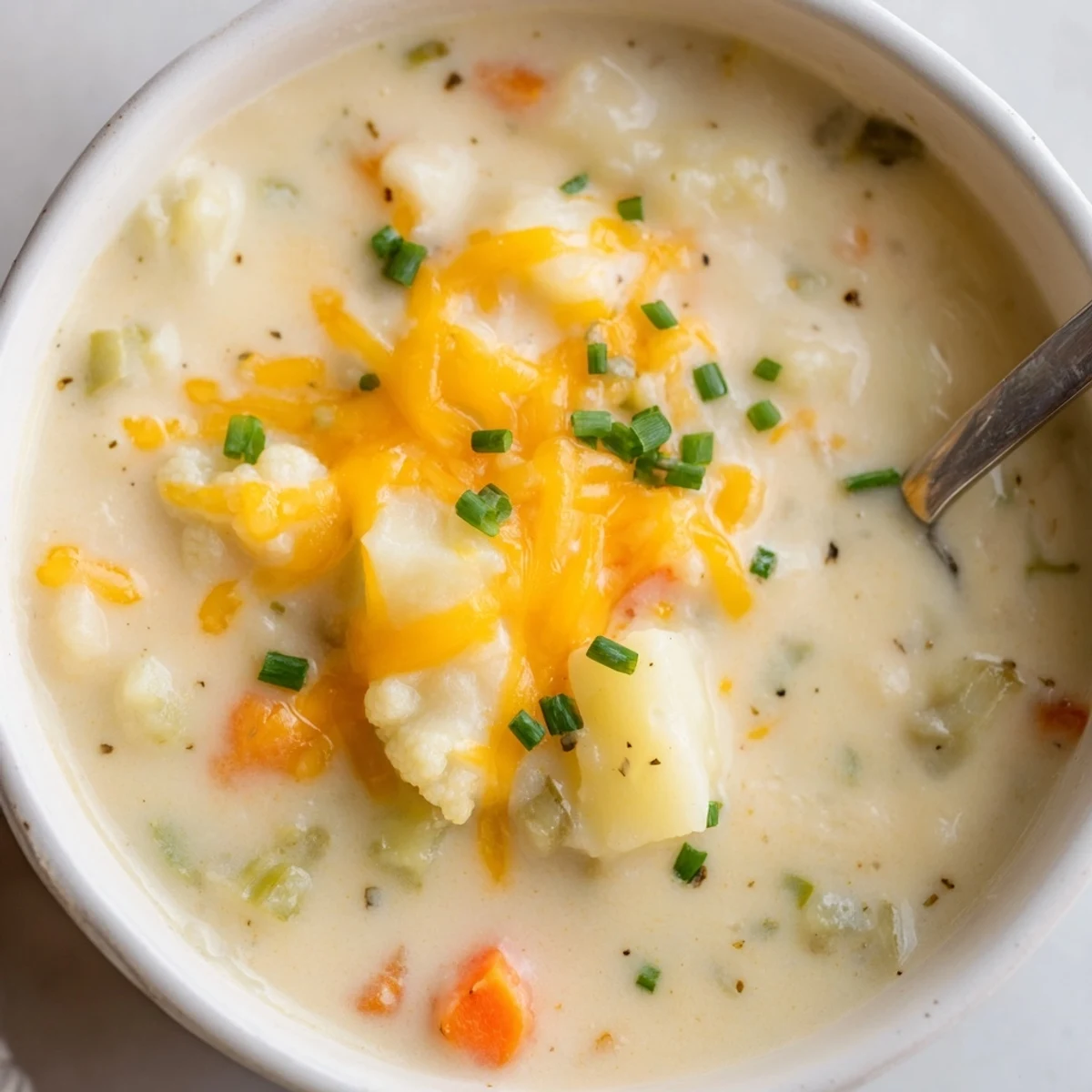 A spoon dives into Creamy Cauliflower Chowder with Cheddar, revealing rich, cheesy broth and chunks of cauliflower and potato.