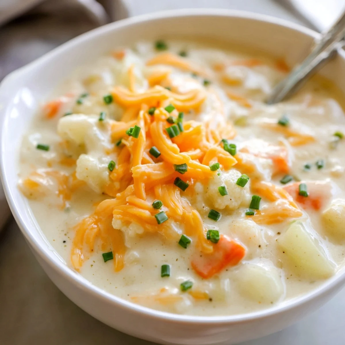 Hearty Creamy Cauliflower Chowder with Cheddar, velvety smooth with tender vegetables, served hot and garnished with fresh chives.