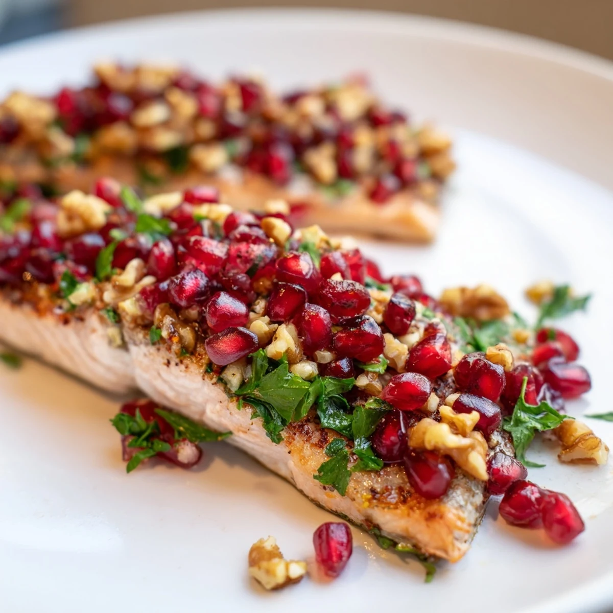 Golden-baked salmon fillets on a white plate, topped generously with vibrant red pomegranate arils and chunky toasted walnuts.