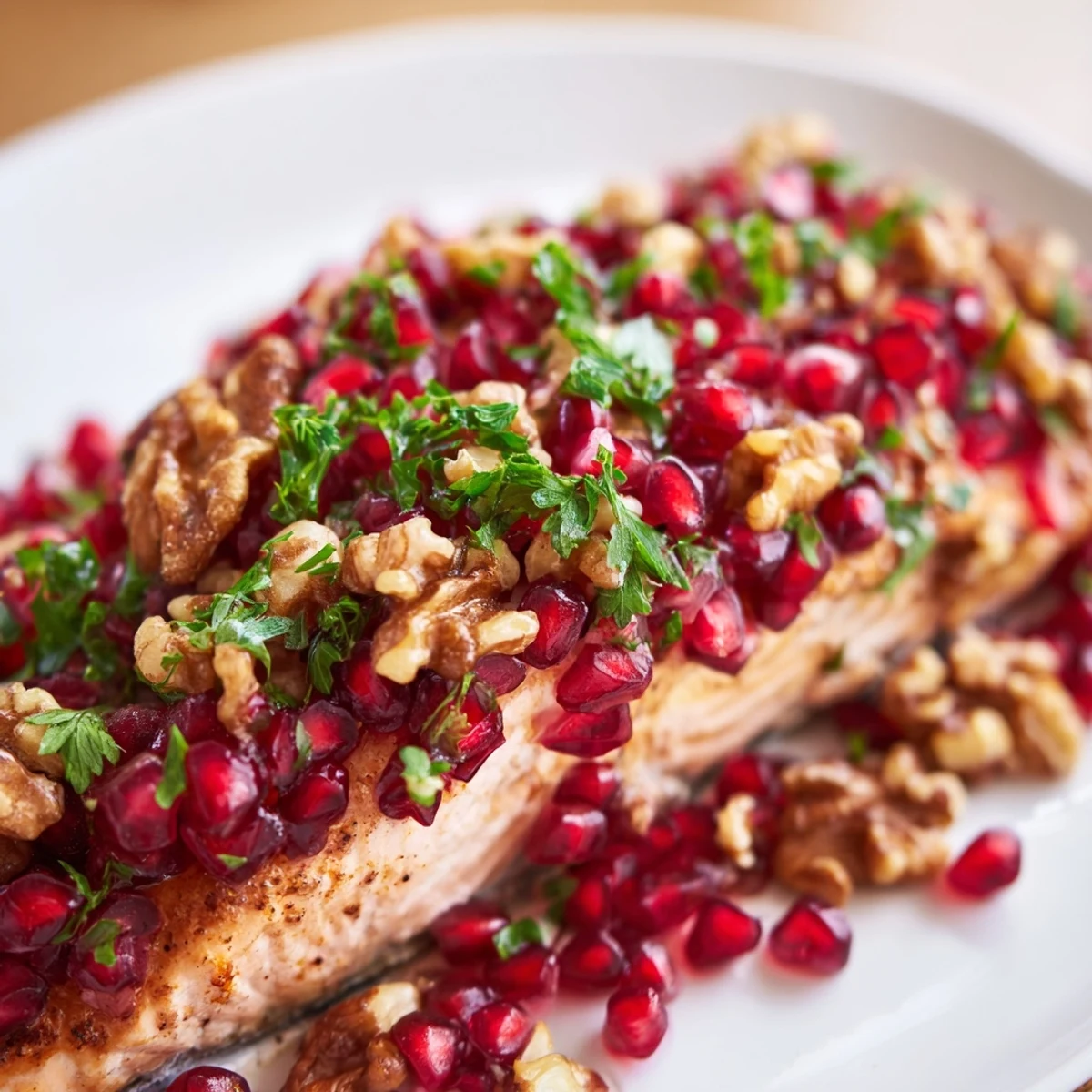 Overhead view of healthy Mediterranean Baked Salmon with Pomegranate Walnut Salsa served alongside quinoa and roasted asparagus.