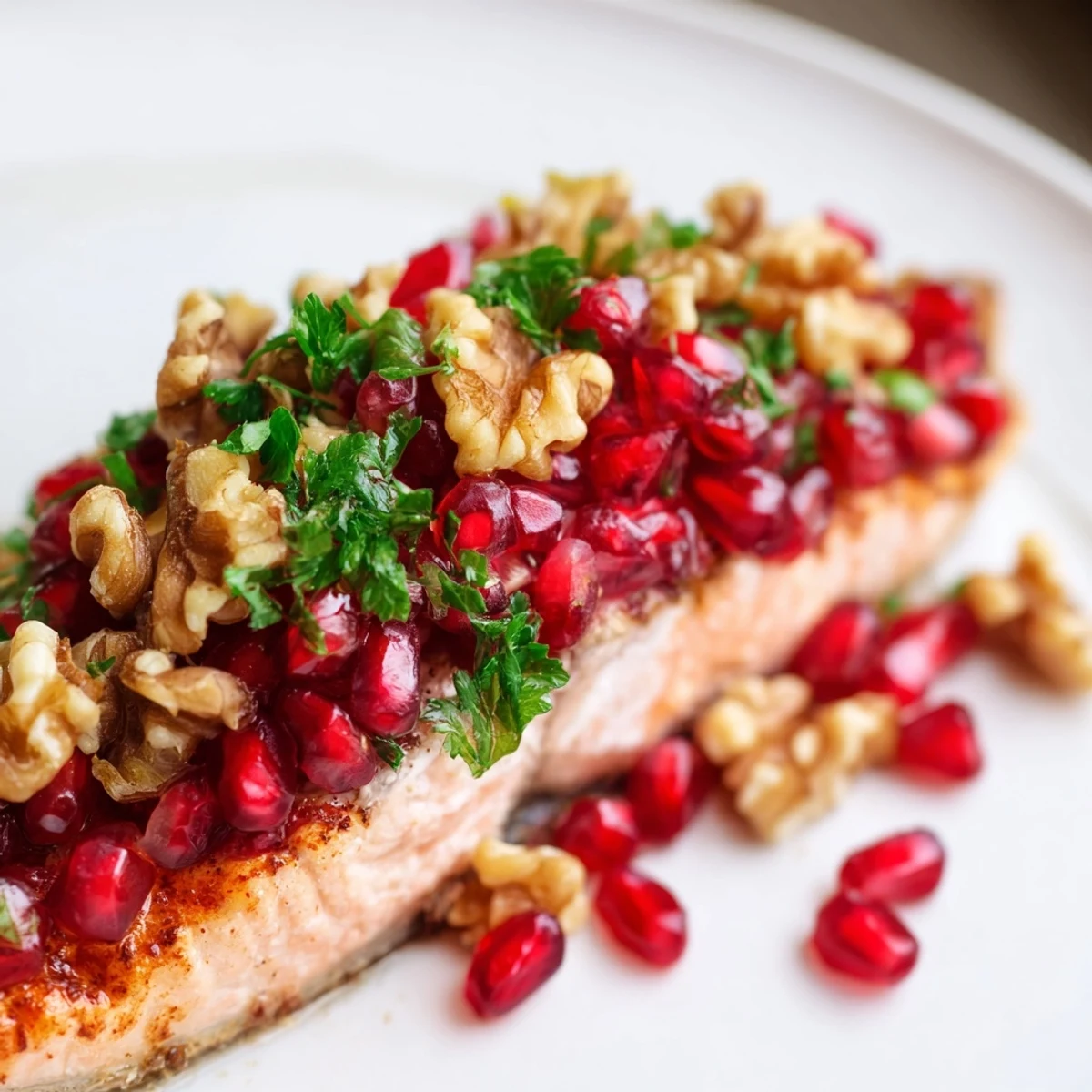 A close-up of flaky Baked Salmon with Pomegranate Walnut Salsa garnished with fresh green parsley and lemon slices.