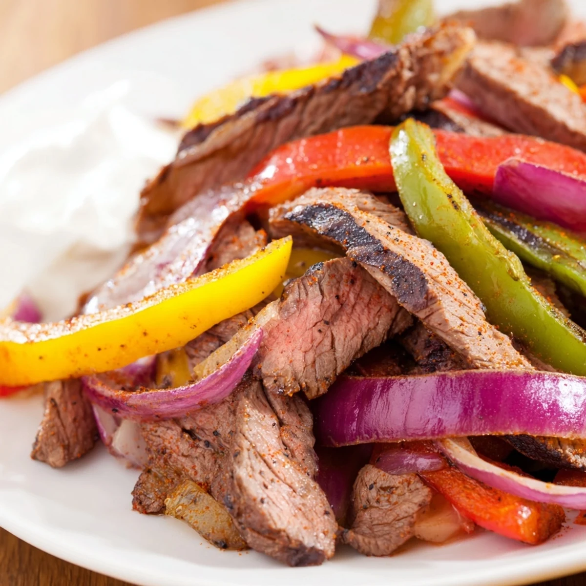 Oven-roasted Sheet Pan Steak Fajitas with colorful bell peppers and onions sizzling on a baking sheet.