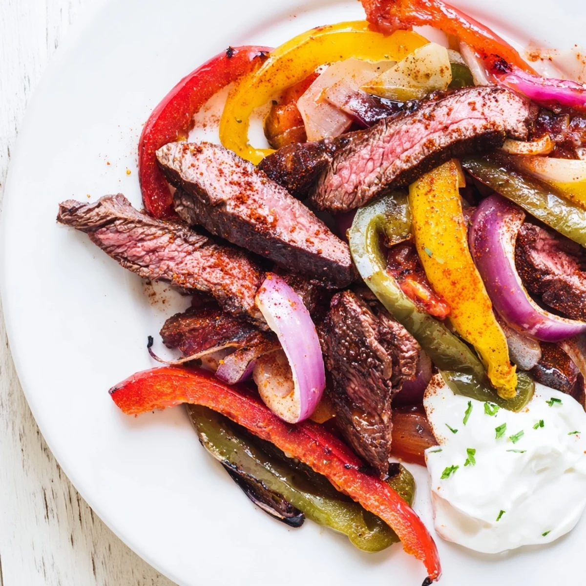 Seasoned steak and sweet peppers, the main ingredients for Sheet Pan Steak Fajitas, garnished with fresh cilantro and lime.