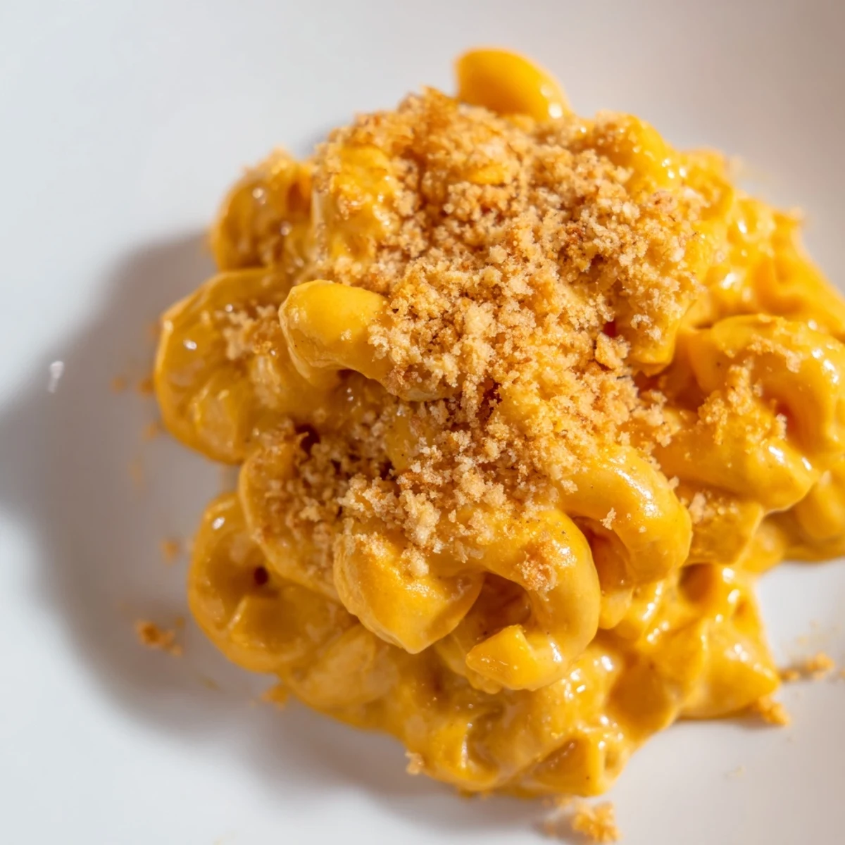 Creamy Vegan Butternut Squash Mac and Cheese is served hot in a bowl, topped with golden breadcrumbs and fresh herbs.