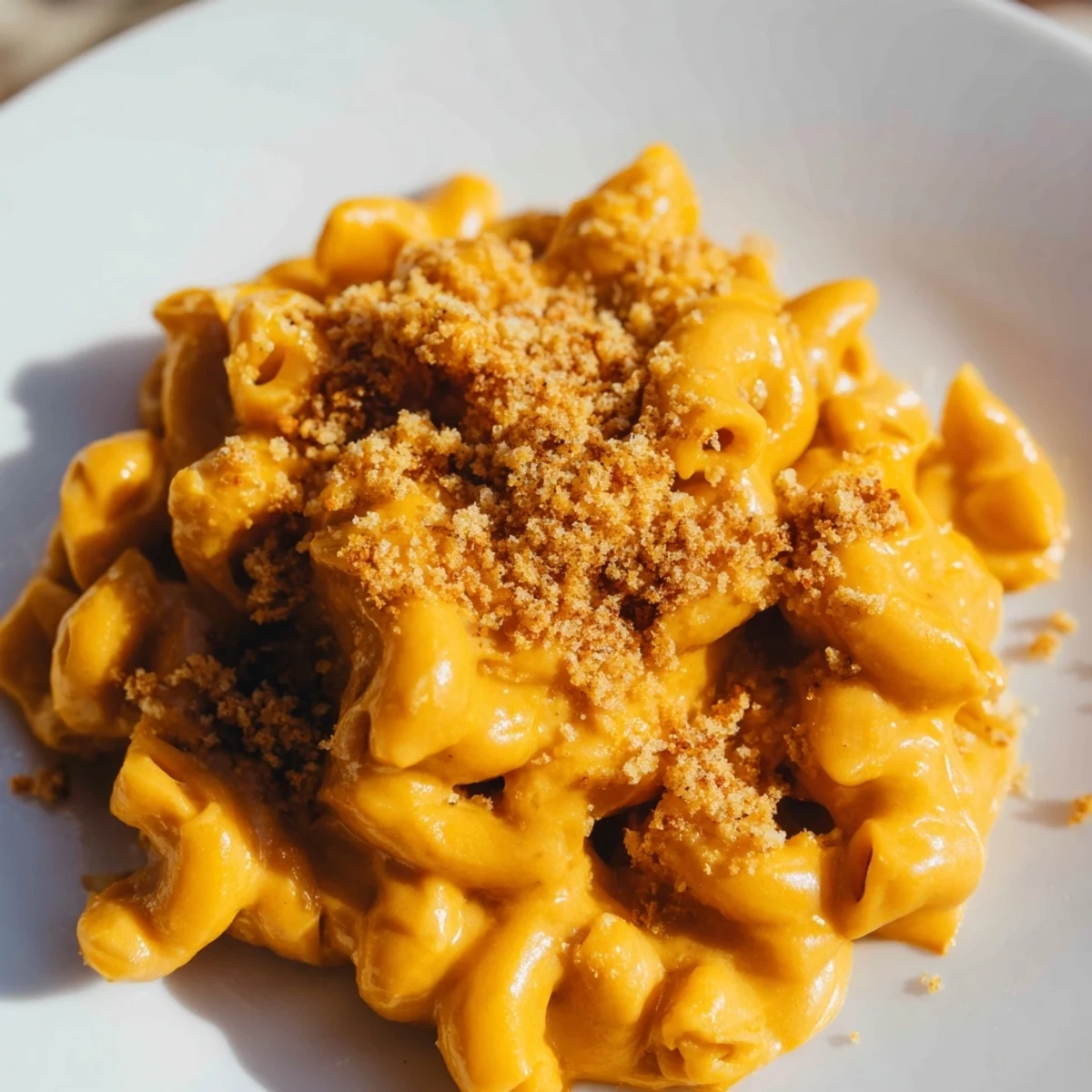 A fork twirls into Vegan Butternut Squash Mac and Cheese, revealing a rich, velvety orange sauce coating the pasta.