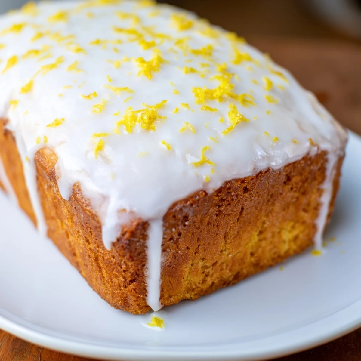 Glazed Lemon Bread Loaf on a marble countertop, ready for breakfast or afternoon tea with a glass of iced tea.