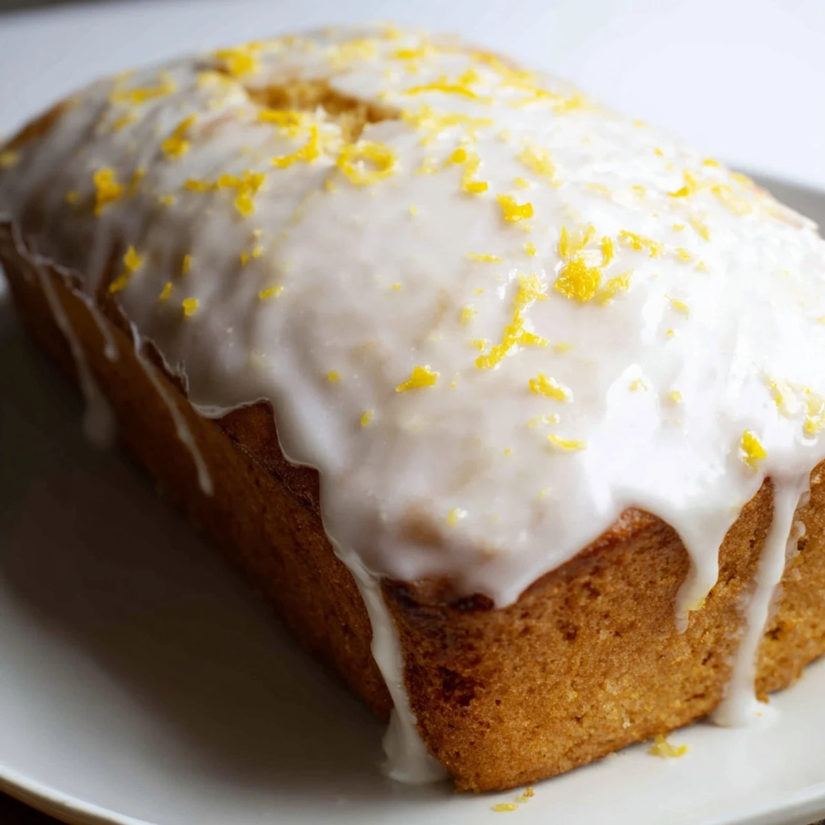 Golden, moist Lemon Bread Loaf cooling on a wire rack, topped with glossy lemon glaze dripping down the sides.