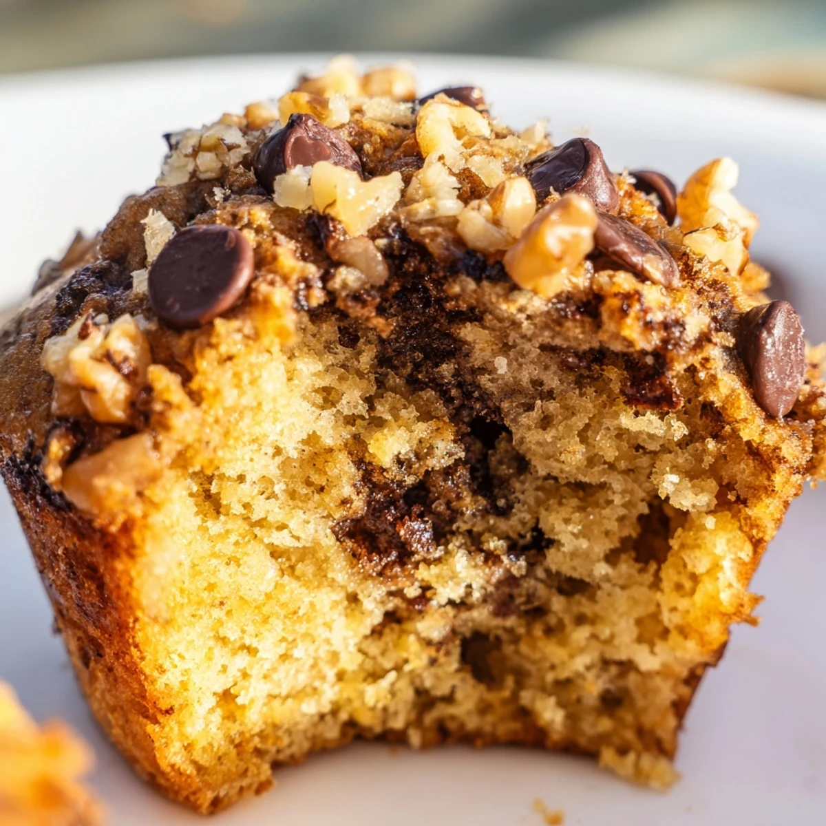 Golden-brown Chocolate Chip Banana Bread Muffins with Walnuts on a rustic wooden board, showcasing moist crumb and melty chocolate chips.