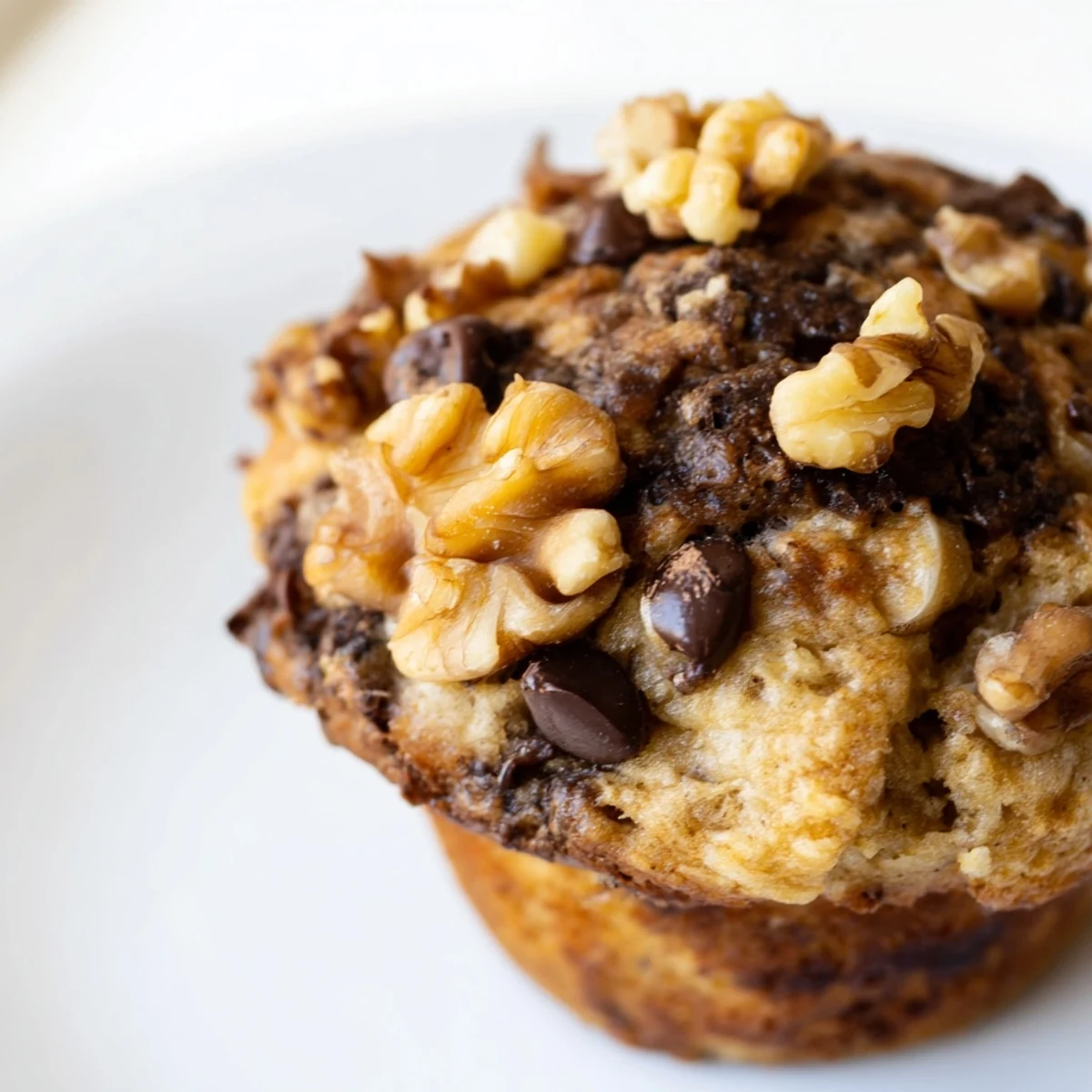 A warm, freshly-baked Chocolate Chip Banana Bread Muffin with Walnuts topped with melty chocolate, served on a white plate with coffee.