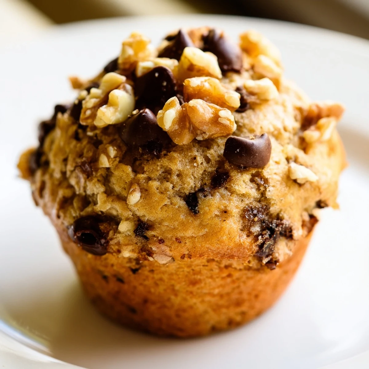 Four Chocolate Chip Banana Bread Muffins with Walnuts on a wire cooling rack, surrounded by banana peels and extra walnuts for garnish.