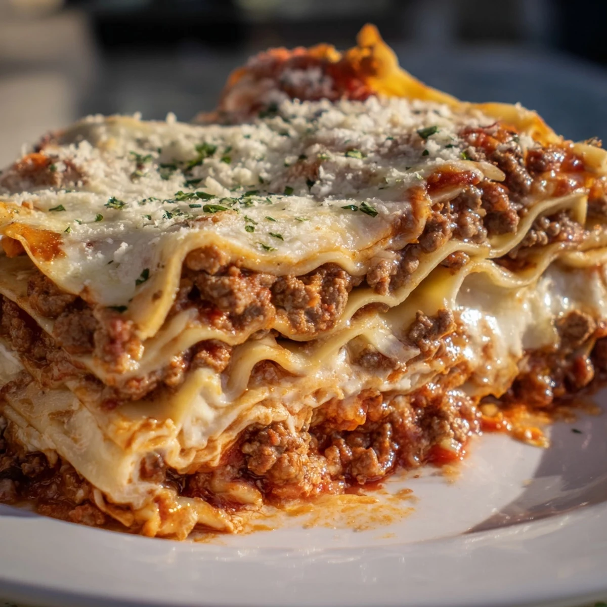 Golden bubbling mozzarella tops layers of Classic Beef Lasagna with rich meat sauce and creamy ricotta, served hot.