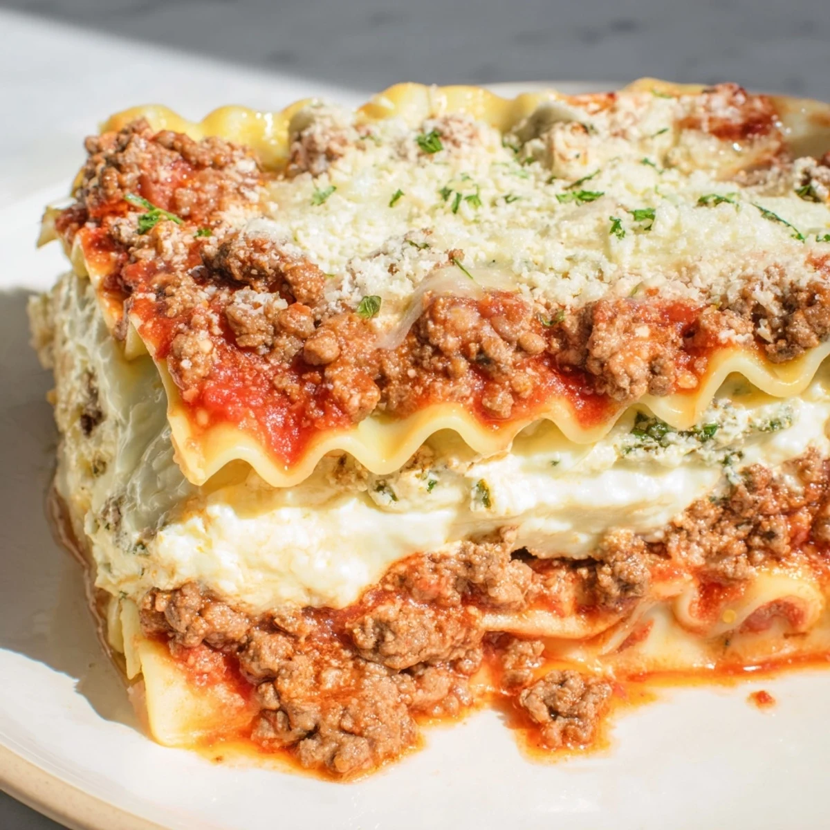 Slices of Classic Beef Lasagna reveal hearty meat sauce, smooth ricotta filling, and tender noodles on a plate.