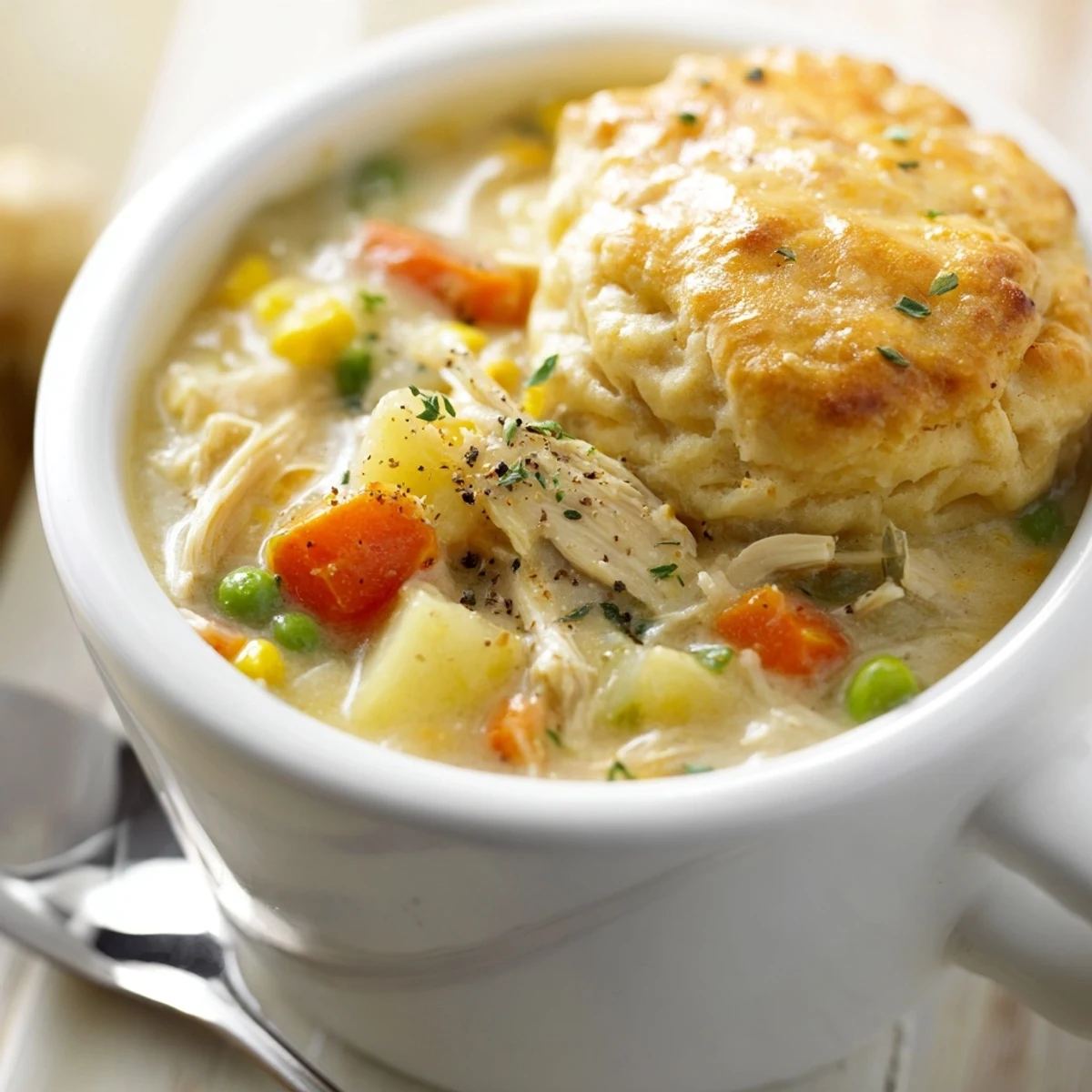 Creamy Chicken Pot Pie Soup with biscuit topping steaming in a rustic bowl, garnished with fresh parsley for a cozy family dinner.