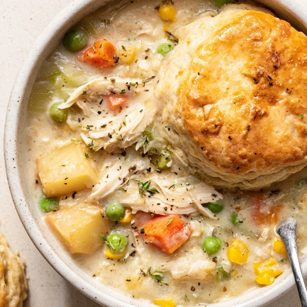 Freshly baked buttermilk biscuits sit atop creamy Chicken Pot Pie Soup, with golden tops and visible peas and carrots in the savory broth.