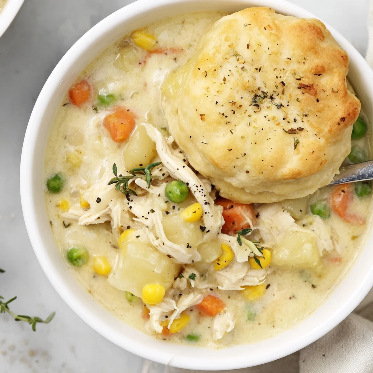 Rustic Dutch oven filled with Chicken Pot Pie Soup with biscuit topping, served alongside a green salad for a hearty American meal.
