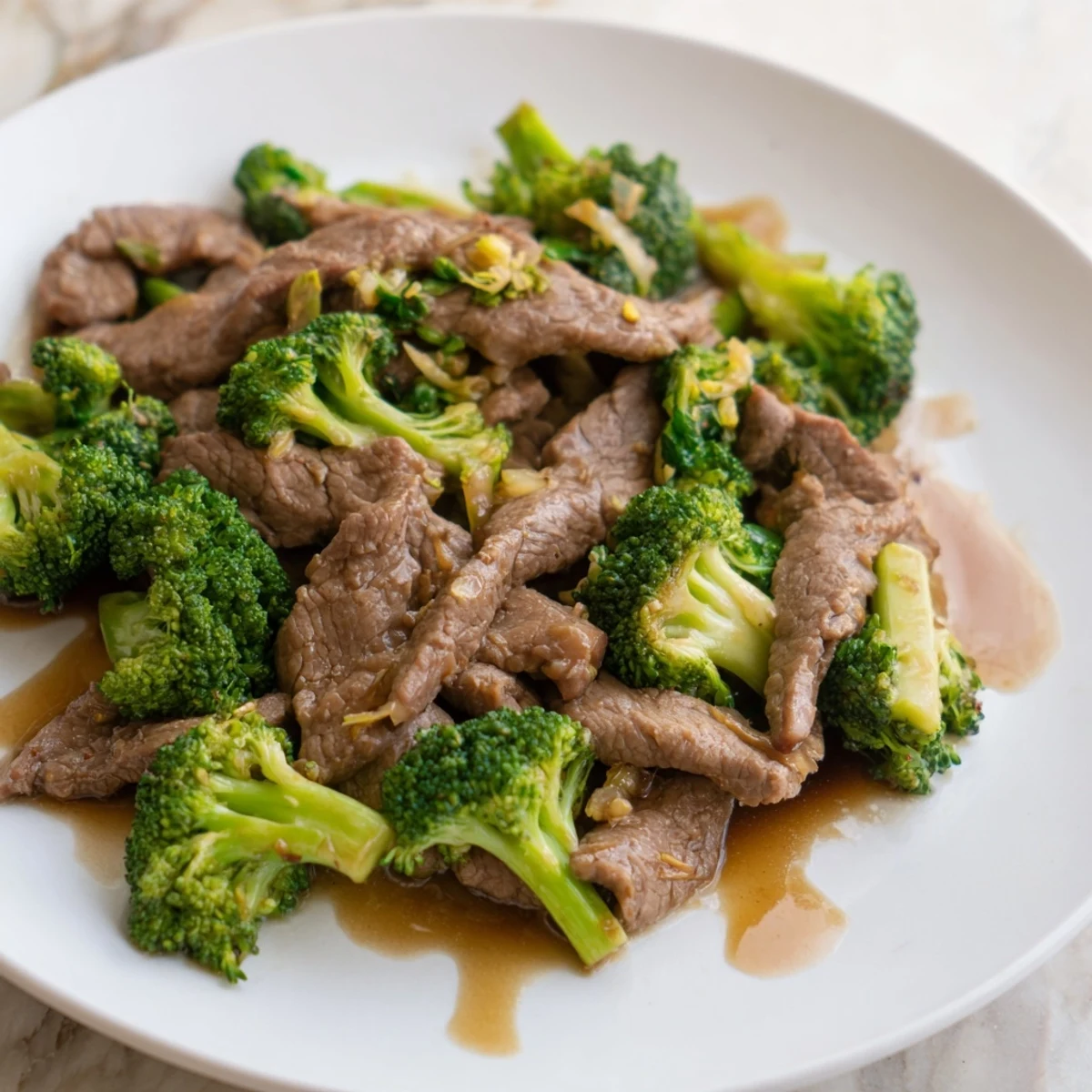 A close-up of sizzling Beef and Broccoli Stir Fry with Garlic Soy Sauce, garnished with fresh scallions.