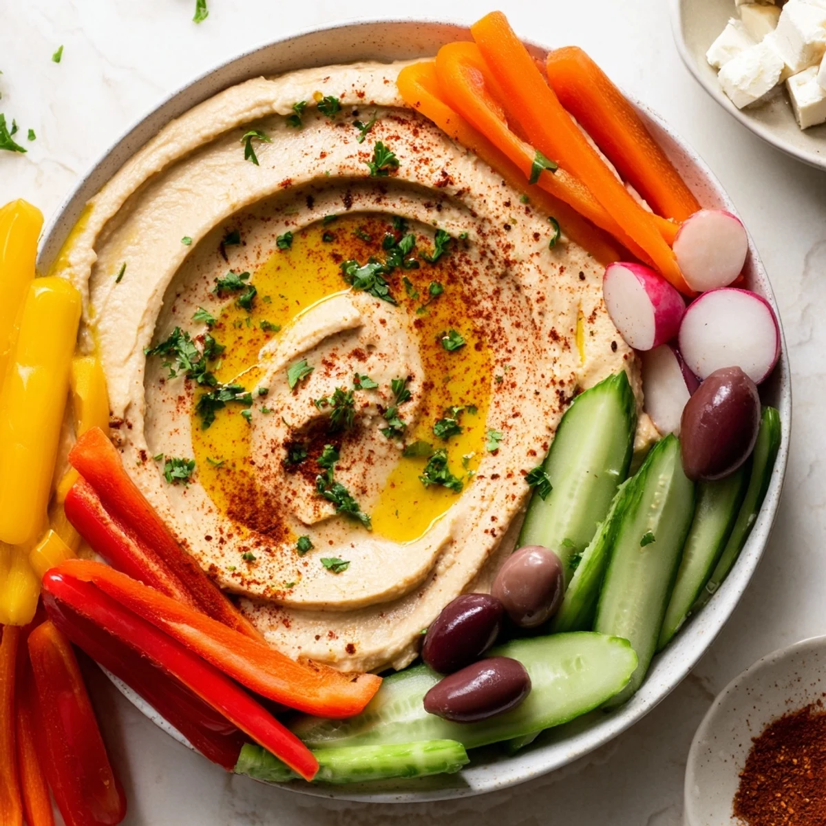Creamy swirls of Mediterranean Hummus Platter with Fresh Vegetables, garnished with paprika, parsley, and olives, surrounded by crisp rainbow veggie sticks.