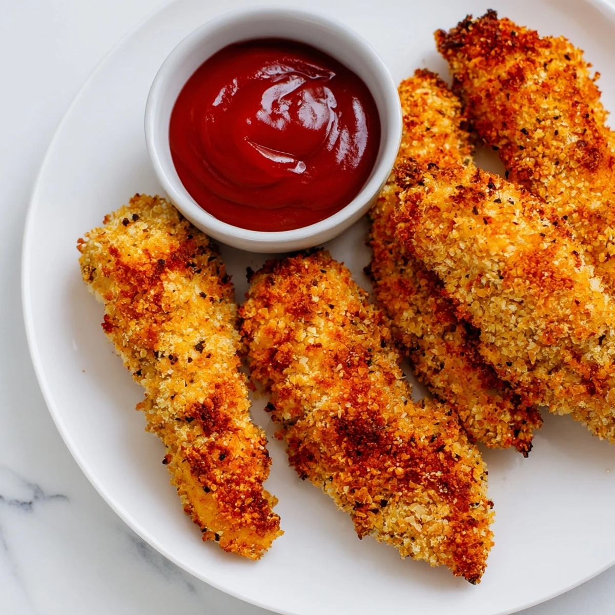 Crispy Air Fryer Chicken Tenders with Ketchup dipping sauce served for a family dinner.