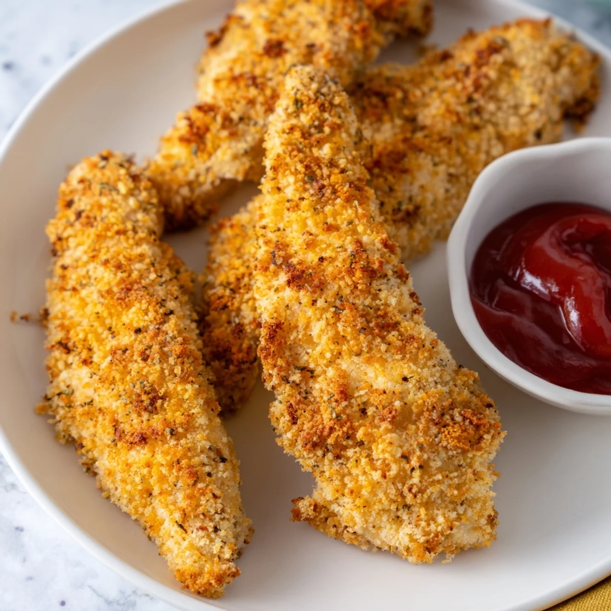 Golden, crunchy Crispy Air Fryer Chicken Tenders with Ketchup piled high on a white plate.
