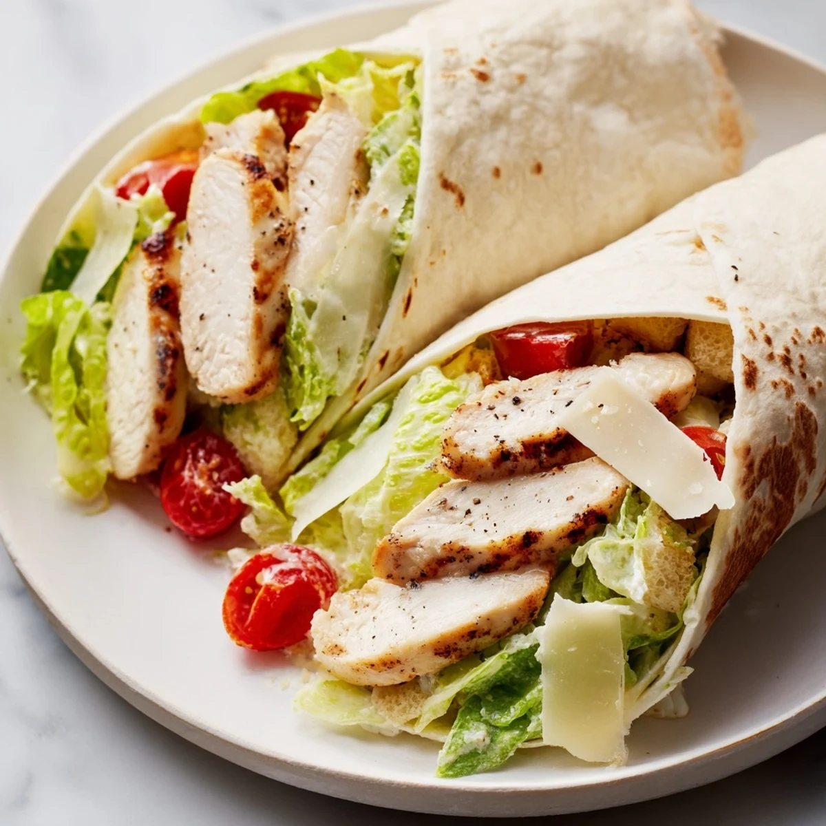 Halved Chicken Caesar Wrap on a plate, showing creamy dressing, croutons, and juicy cherry tomatoes.