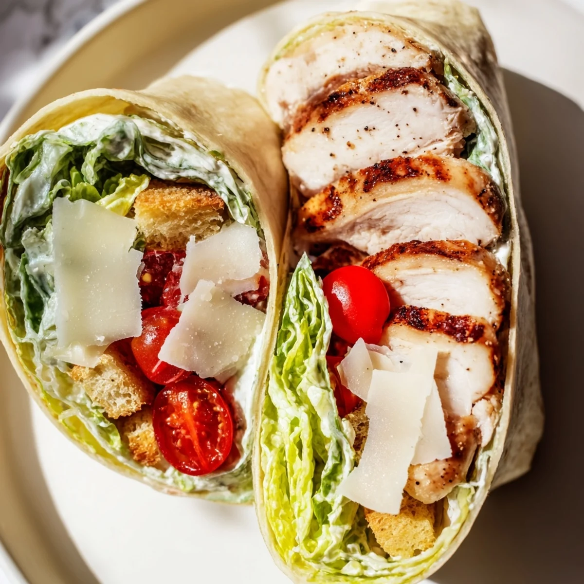Portable Chicken Caesar Wrap cut on the diagonal, with shaved Parmesan, lettuce, and grilled chicken.